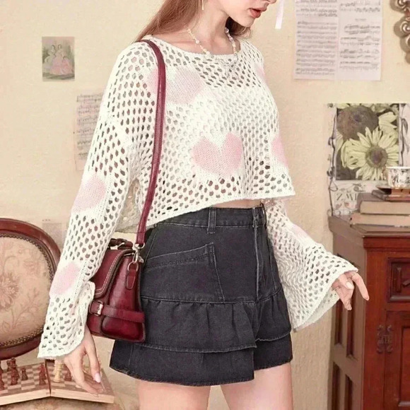 White Boho Womens Heart Pattern Drop Shoulder Open Knit Sweater - Picture 4 of 5